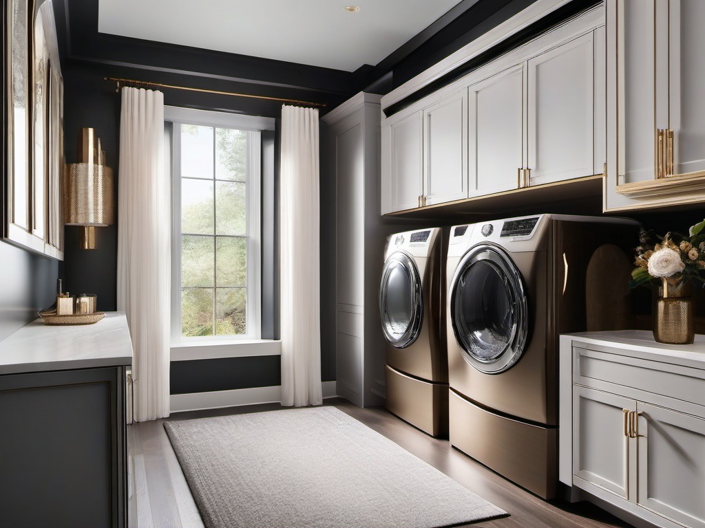 Luxury Glam laundry room offers stylish finishes, plush materials, and decorative accents that create an upscale yet comfortable atmosphere for chores.  