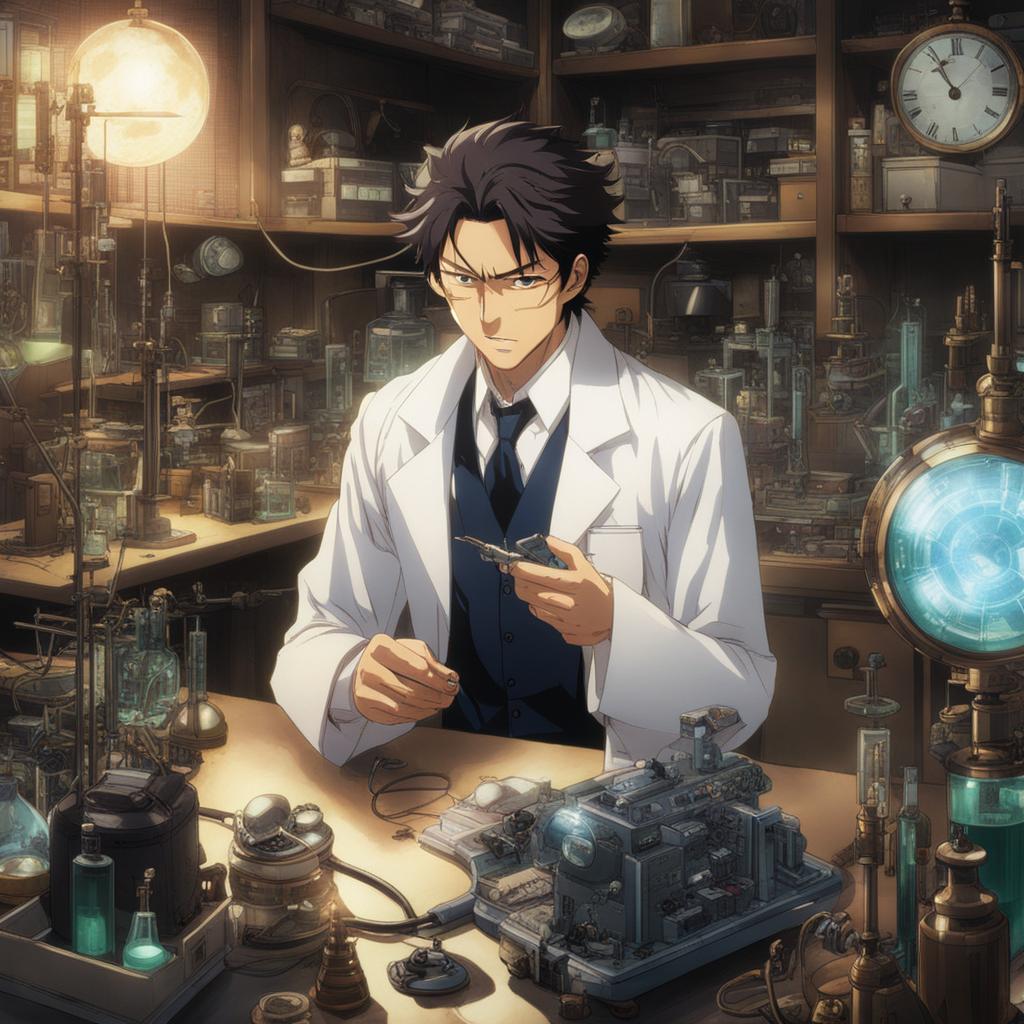 rintarou okabe experiments with time travel gadgets in a cluttered laboratory. 