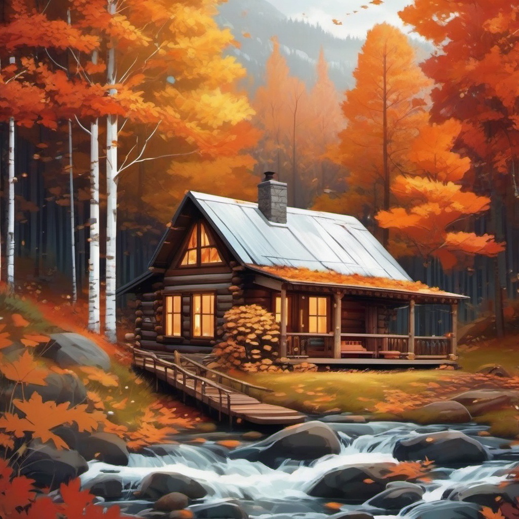 Aesthetic Fall Wallpaper - Cozy Fall Cabin in the Woods  intricate patterns, splash art, wallpaper art