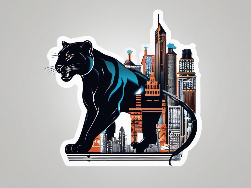 Panther City Tattoo-Tattoo design featuring a panther with elements representing a cityscape, creating a unique and urban-inspired tattoo.  simple color tattoo,white background