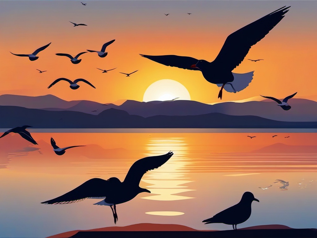 Seagulls at Sunset clipart - Seagulls in the evening sky, ,vector color clipart,minimal