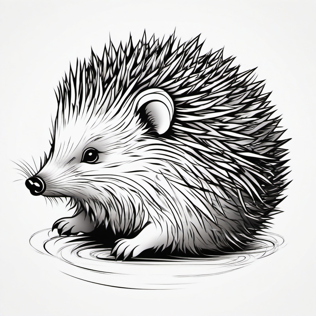 Hedgehog Tattoo - Adorable hedgehog curled up into a spiky ball  few color tattoo design, simple line art, design clean white background