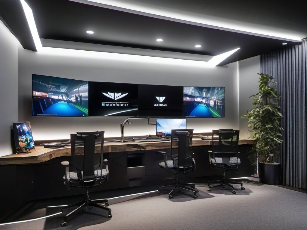 In the gamer room, Bauhaus interior design features sleek gaming desks, ergonomic chairs, and integrated tech that creates a functional and stylish environment for gaming.  