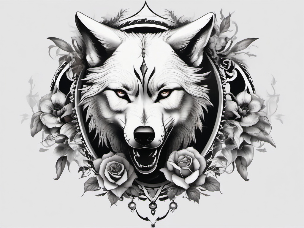 Wolf and Skull Tattoo,macabre symphony of the wolf and a skull, mesmerizing dance between life and death. , tattoo design, white clean background