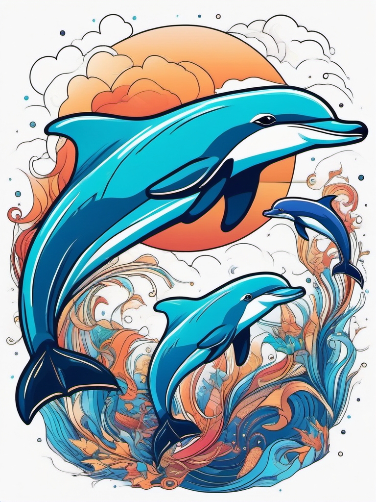 Galactic Dolphin Voyage - Dolphins exploring a cosmic seascape in an otherworldly tattoo.  outline color tattoo,minimal,white background