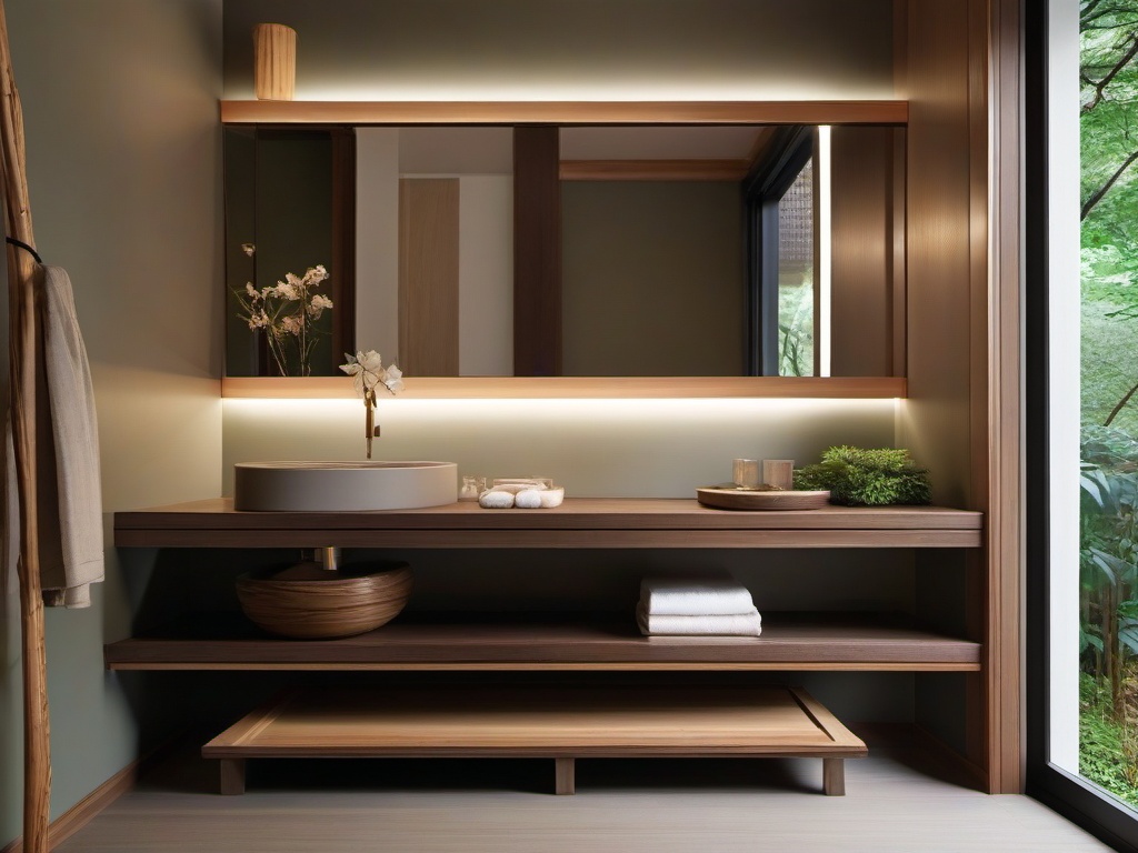 In the powder room, Japanese Zen interior design includes elegant fixtures, natural finishes, and a calming color palette that transform a small space into a stylish and inviting experience.  