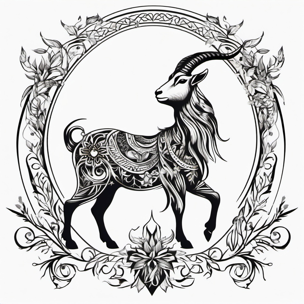 Pagan Goat Tattoo - A tattoo featuring a goat design with pagan or nature-inspired elements.  simple color tattoo design,white background