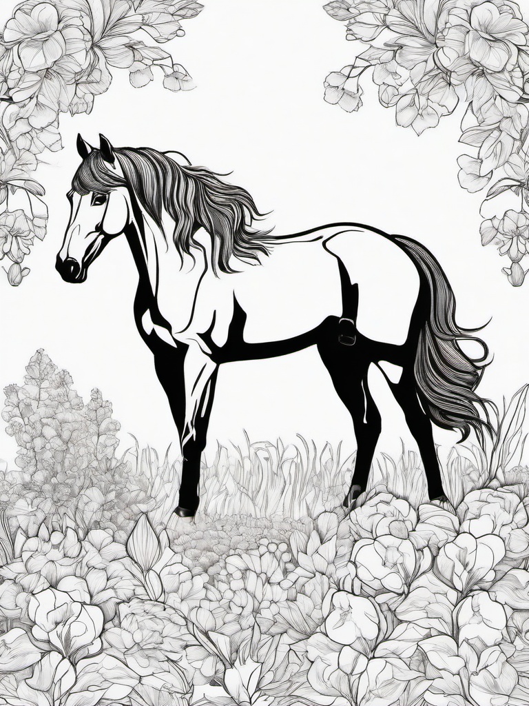 Horse in a Flower Garden Coloring Pages - Stunning Horse Surrounded by Blooms  minimal black outline printable sheet, coloring page