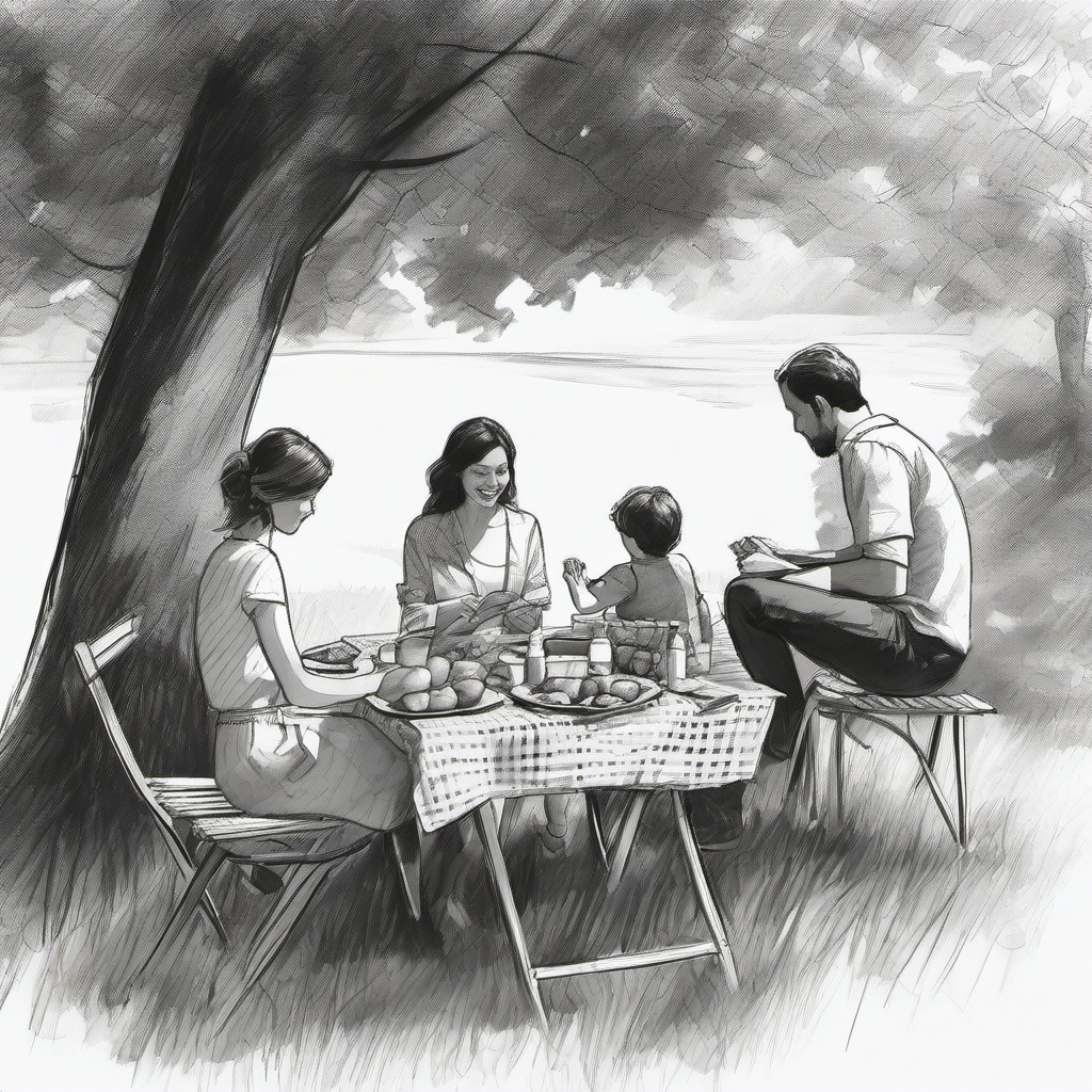 drawing of a family at a picnic  minimal rough sketch scribbles,doodles,black and white