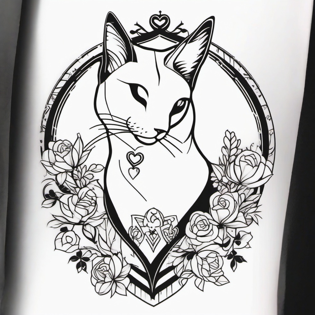 Cat Heart Tattoo - Tattoo featuring a cat with heart-themed elements.  minimal color tattoo, white background