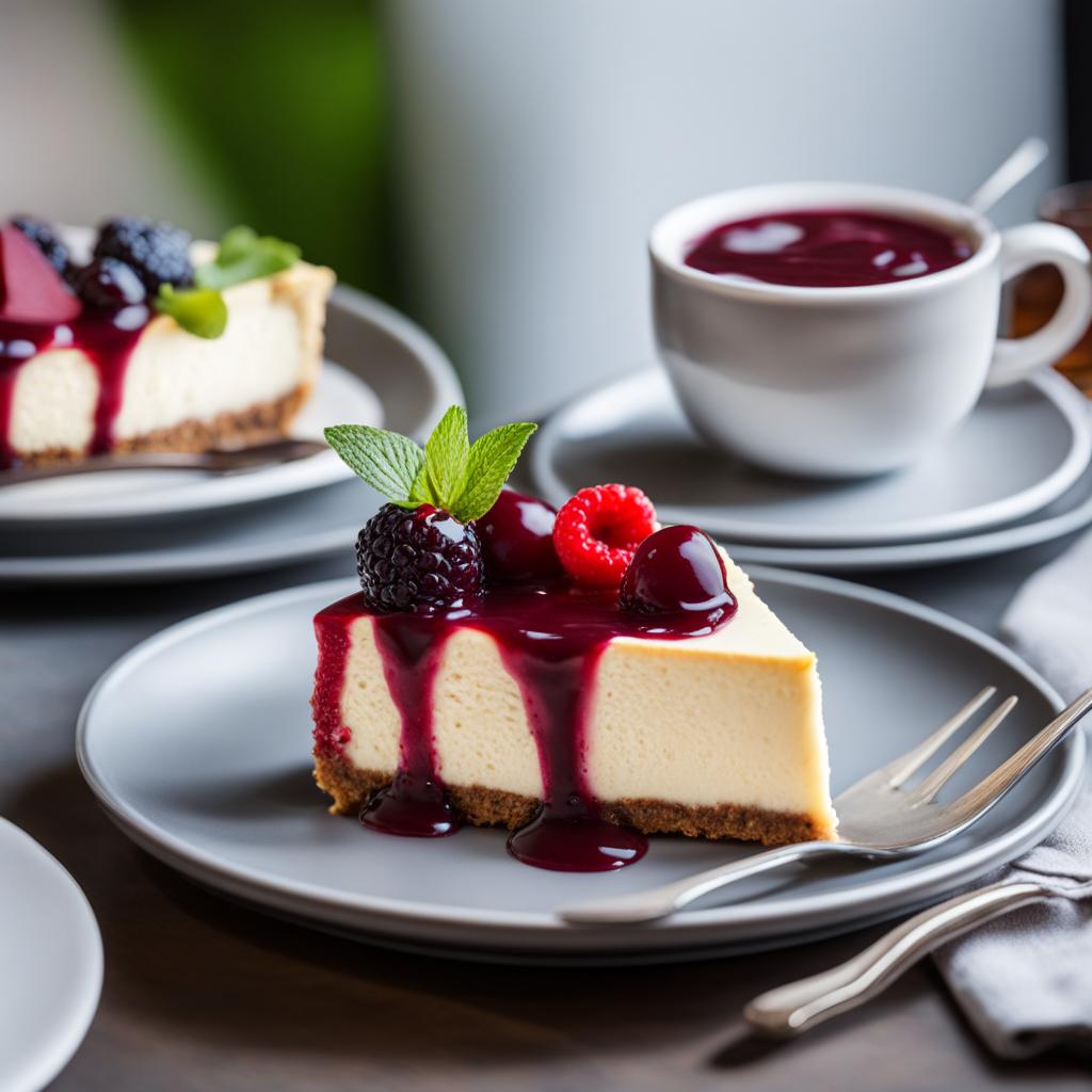 classic cheesecake with a berry compote, savored at a trendy café with live jazz music. 