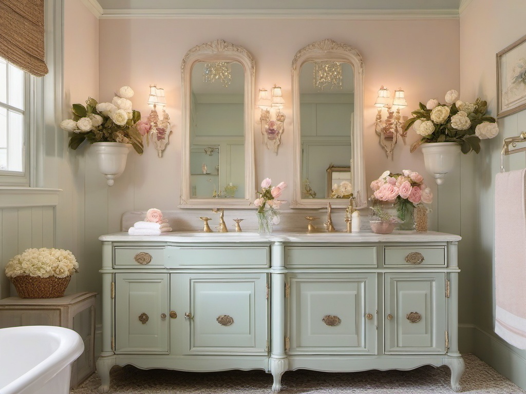 French Country small bathroom highlights vintage fixtures, soft pastels, and floral accents, creating a charming and inviting atmosphere.  