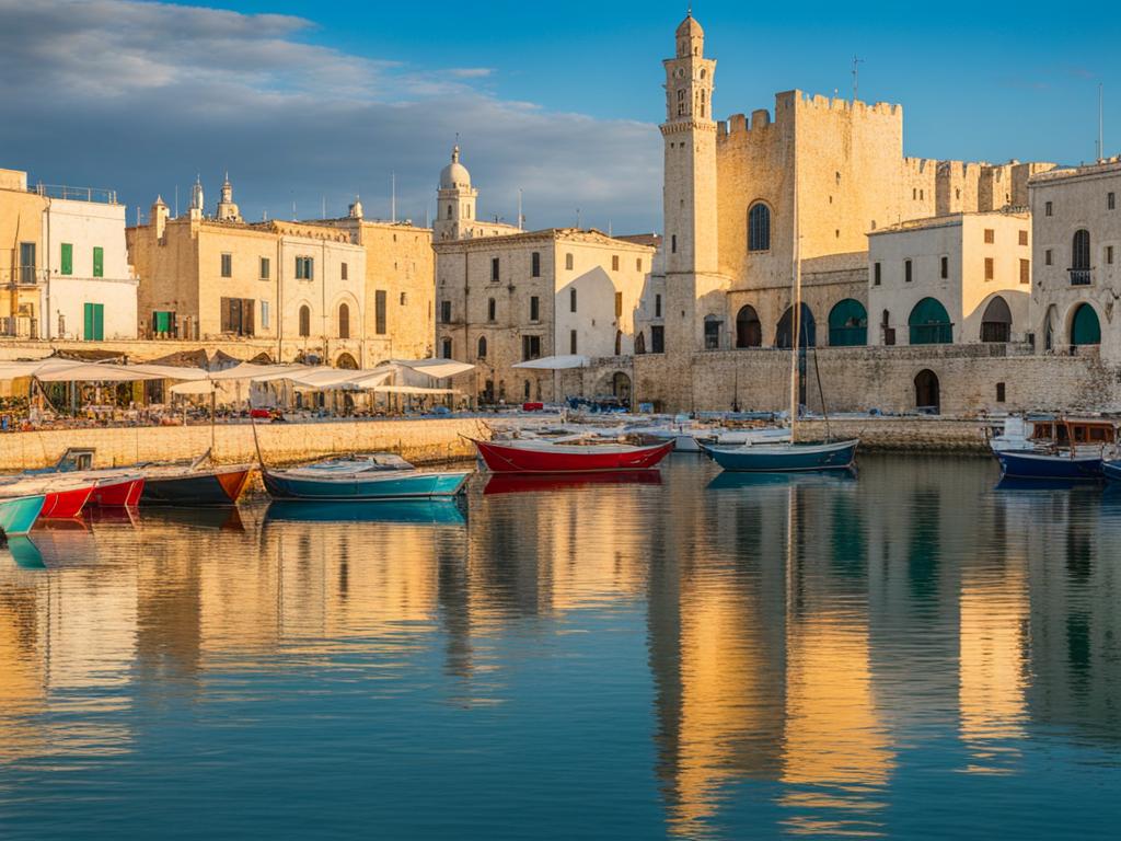 hidden charms of trani - illustrate the hidden charms of trani, a coastal town in puglia, with its historic architecture and serene harbor. 