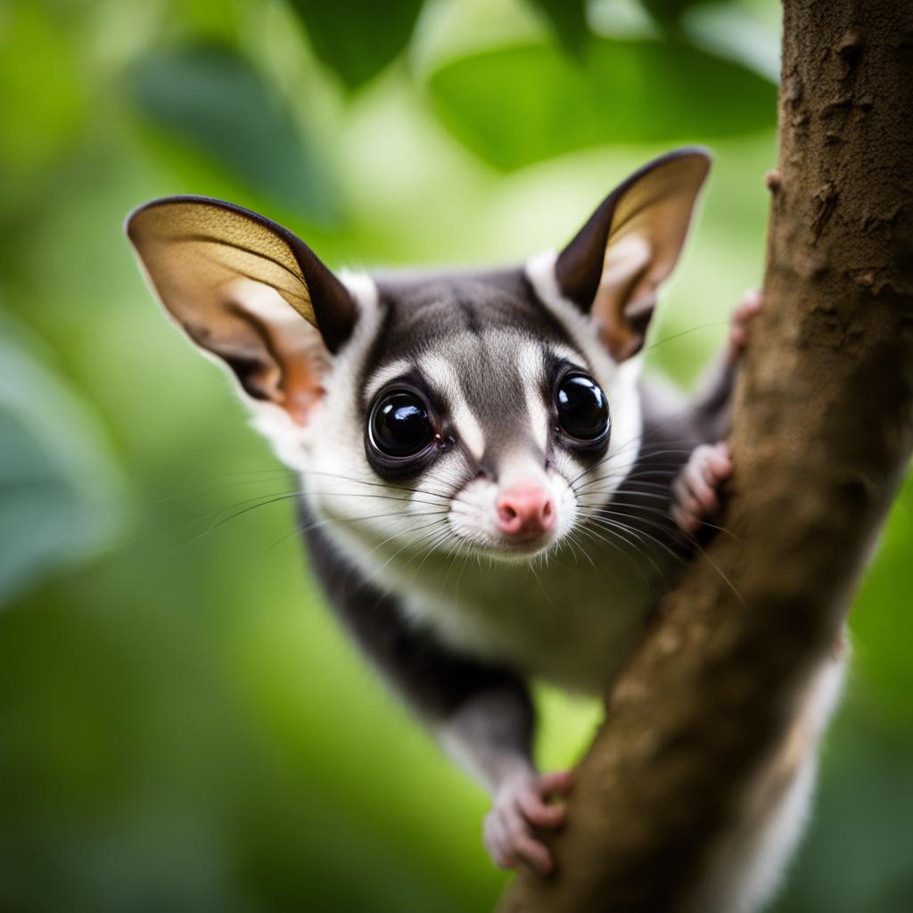 sweet sugar glider with big eyes, gliding through the forest canopy. 