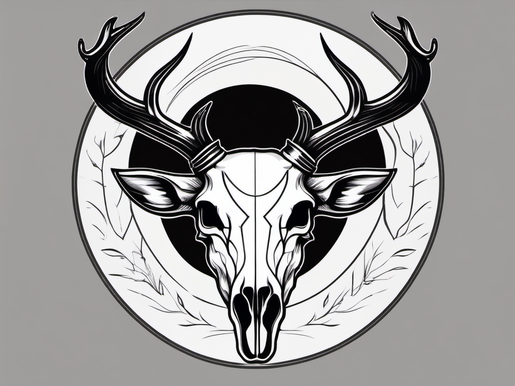 Clean design: deer skull with subtle crescent moon, simple elegance.  black and white tattoo style