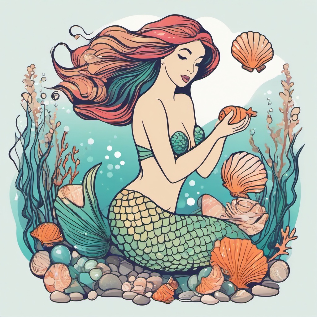 Mermaid clipart - cartoon mermaid playing with seashells  color,minimalist,vector clipart