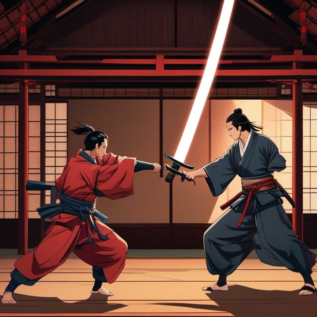 Skilled samurai and skilled samurai companion, in a traditional Japanese dojo, engaging in a fierce sword duel with formidable opponents, as a matching pfp for friends. wide shot, cool anime color style