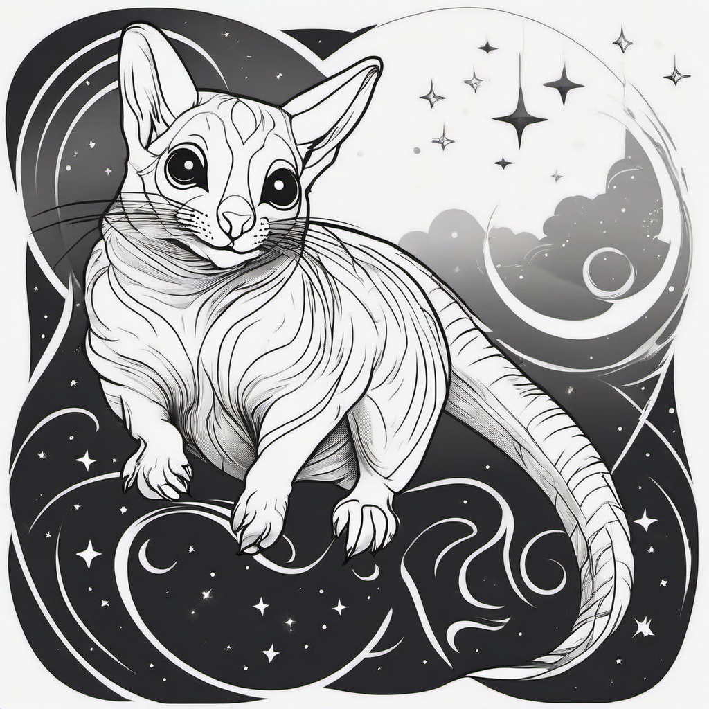 Sugar Glider Tattoo - Cute sugar glider gliding through the night sky  few color tattoo design, simple line art, design clean white background