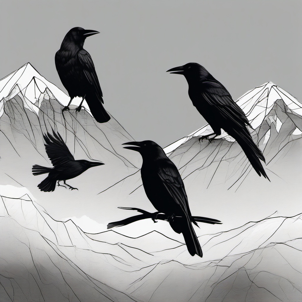 drawing of crows with a backdrop of mountains  minimal rough sketch scribbles,doodles,black and white