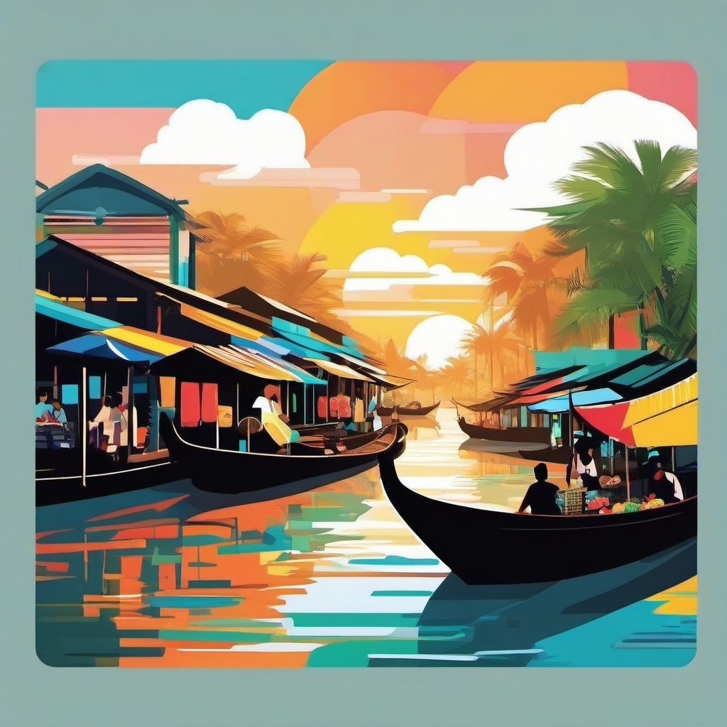 Mekong Delta Floating Markets sticker- Colorful floating markets in southern Vietnam, , sticker vector art, minimalist design