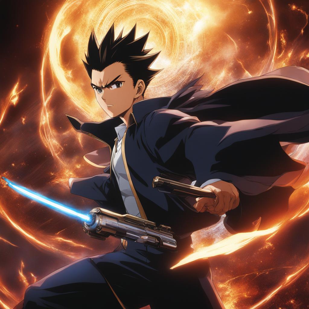 yusuke urameshi unleashes his spirit gun in a supernatural arena battle. 