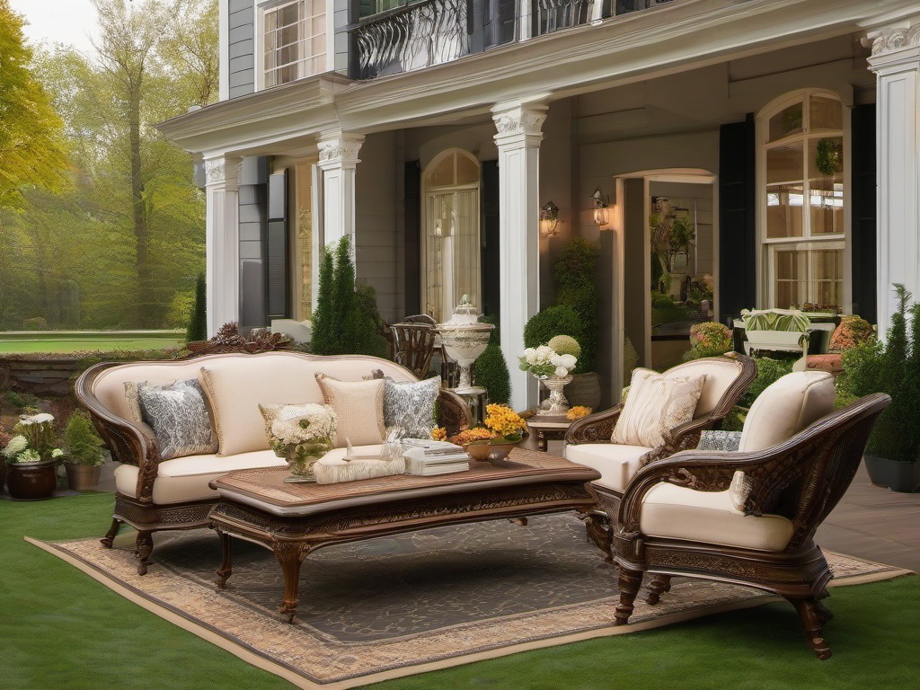 Victorian patio embodies classic elegance with ornate furniture, plush seating, and vintage decor, providing a sophisticated outdoor retreat.  