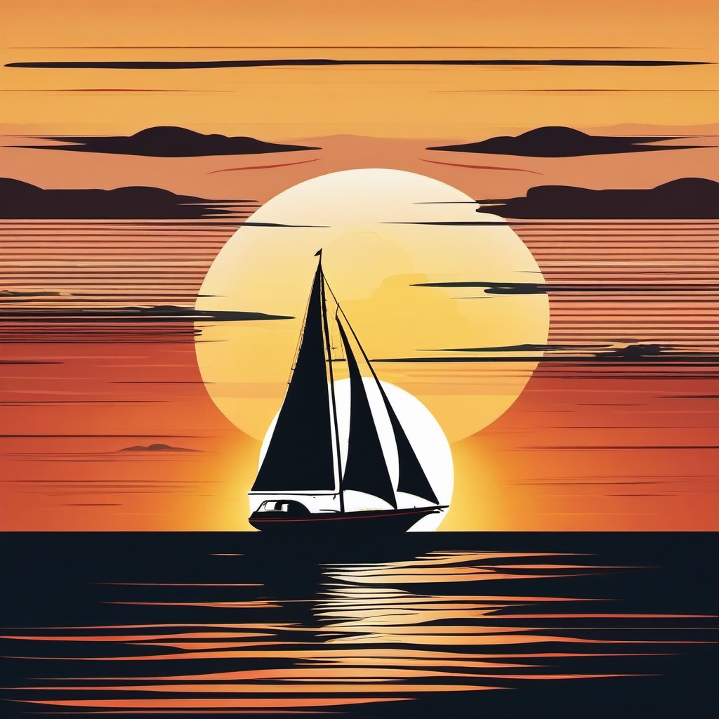 Sailboat Clipart - A sailboat sailing into the sunset.  transport, color vector clipart, minimal style