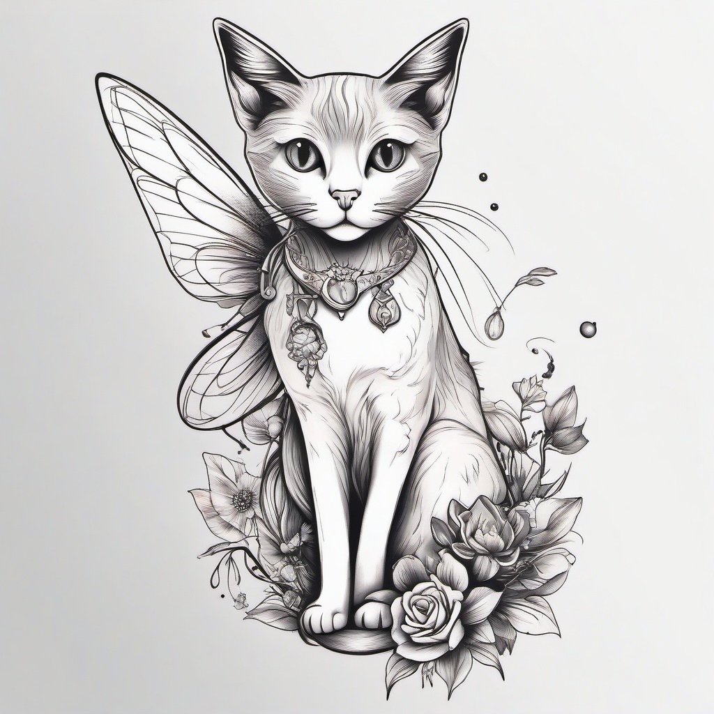 Cat Fairy Tattoo - Tattoo featuring a cat with fairy-themed elements.  minimal color tattoo, white background