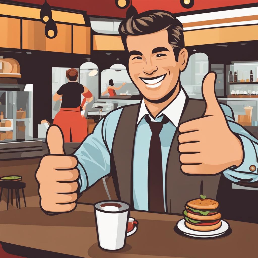 thumbs up clipart - a resounding thumbs-up gesture, given by a cheerful customer in a bustling cafe 