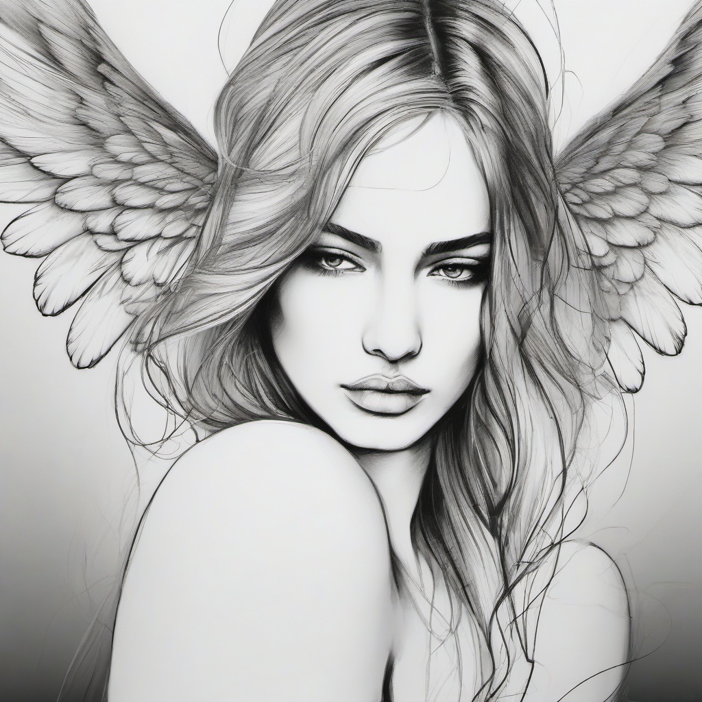 drawing of an angel with wings  minimal rough scribbles,doodles,black and white