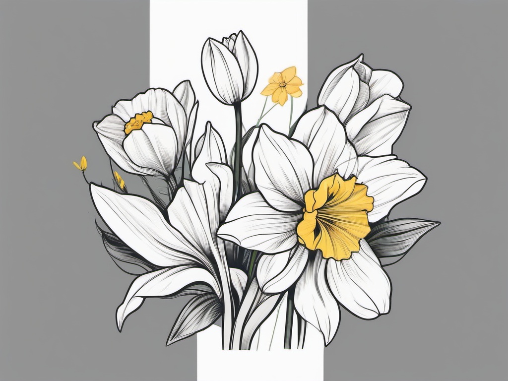 Daffodil and Daisy Tattoo-Celebration of new beginnings and innocence with a tattoo featuring daffodils and daisies, capturing the essence of freshness.  simple color tattoo,minimal vector art,white background