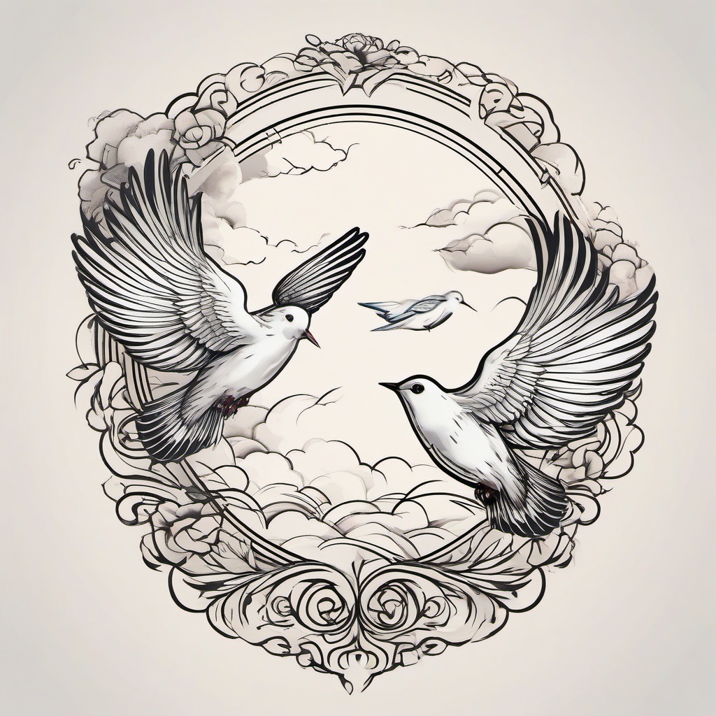 Clouds and Doves Tattoos-Whimsical and symbolic tattoos featuring both clouds and doves, capturing themes of peace and beauty.  simple color tattoo,white background
