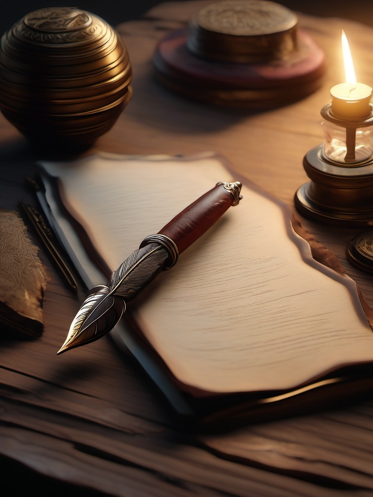 A forgotten quill pen writes stories of far-off lands and epic adventures.  8k, hyper realistic, cinematic