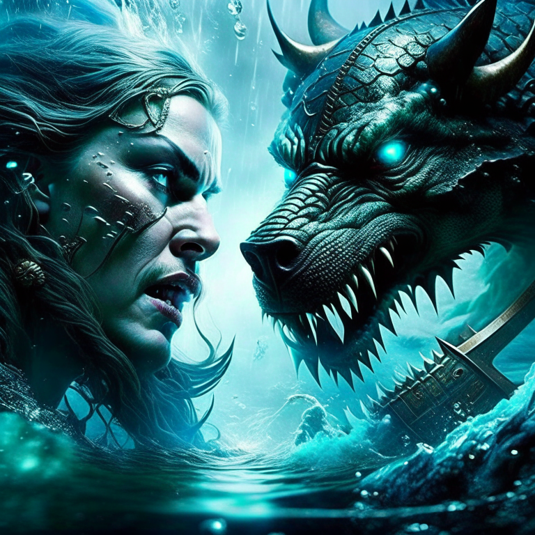 beowulf vs grendel's mother - the valiant beowulf delves into the murky depths of a mystical lake to battle grendel's vengeful mother, engaging in a fierce underwater struggle. 