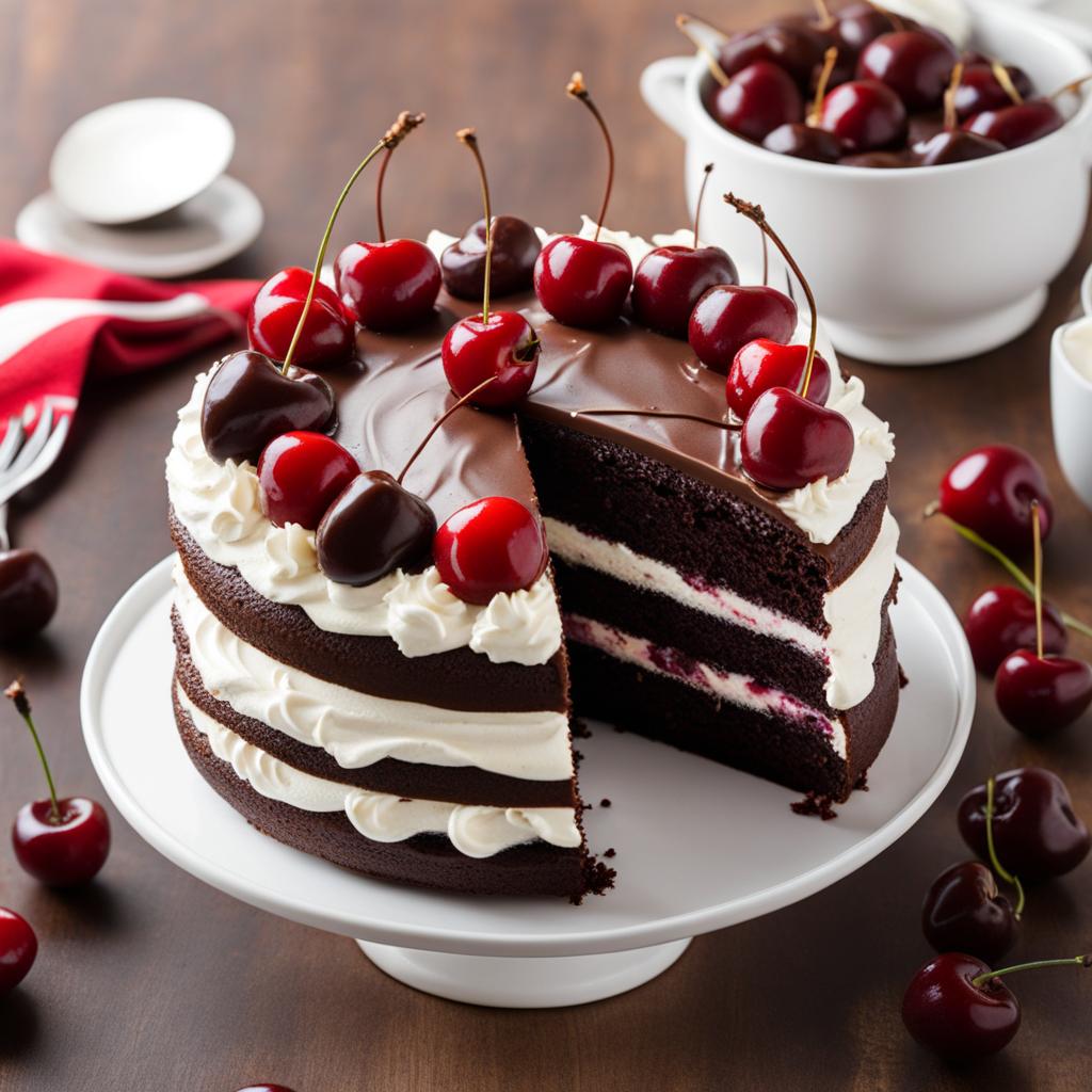 black forest cake featuring layers of chocolate cake, cherries, and whipped cream. 