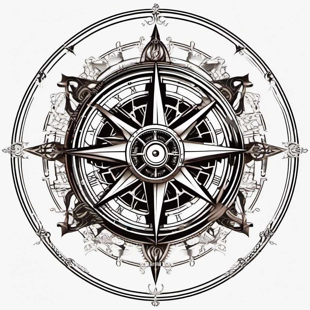 Steampunk Compass Tattoo - Compass design with steampunk-inspired elements.  simple vector tattoo,minimalist,white background