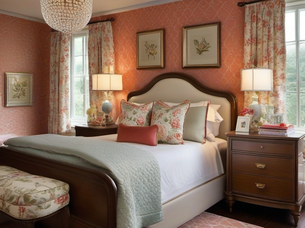 Vintage bedroom offers a nostalgic retreat with its antique vanity, patterned wallpaper, and plush, quilted bedding that transports you to a bygone era of timeless charm.  