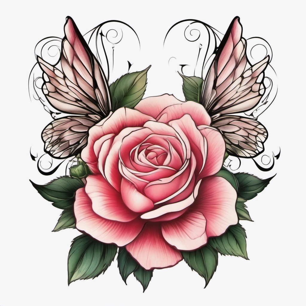 fairy rose tattoo  simple color tattoo style,white background