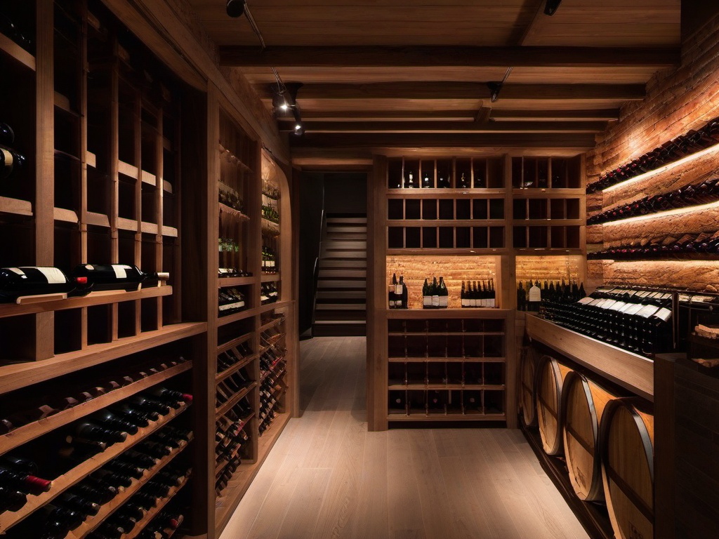 In the wine cellar, rustic interior design features wooden wine racks, exposed brick walls, and ambient lighting that create a cozy atmosphere for wine enthusiasts.  