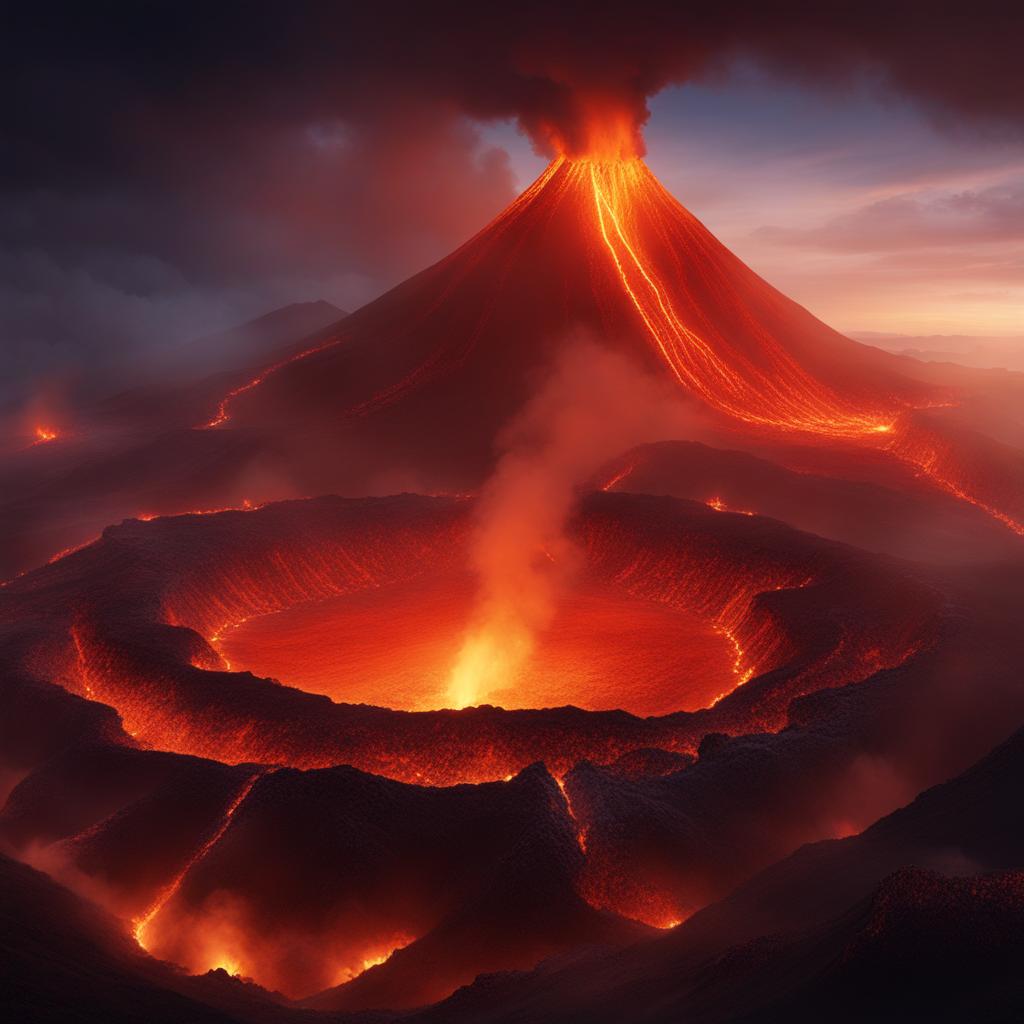 volcano dragon dwelling within the fiery caldera of an active volcano, its molten breath shaping the landscape. 