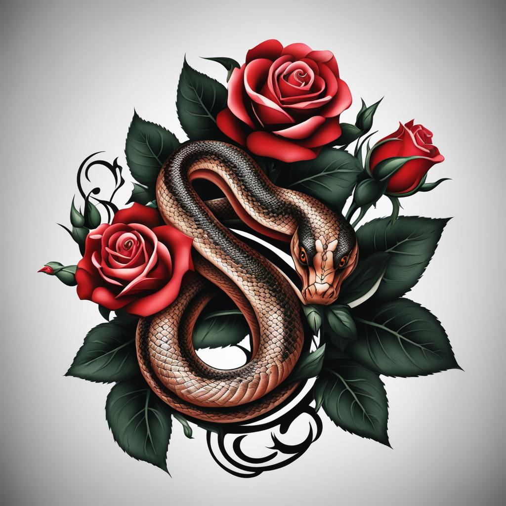 Snake rose tattoo, Tattoos blending snake symbolism with the grace of roses.  color, tattoo patterns, white clean background