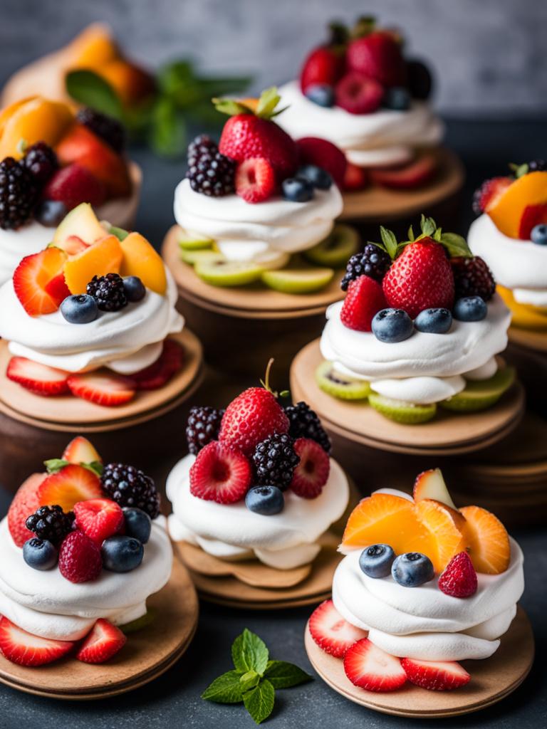 a tower of mini fruit pavlovas, with crisp meringue shells, whipped cream, and fresh fruit. 