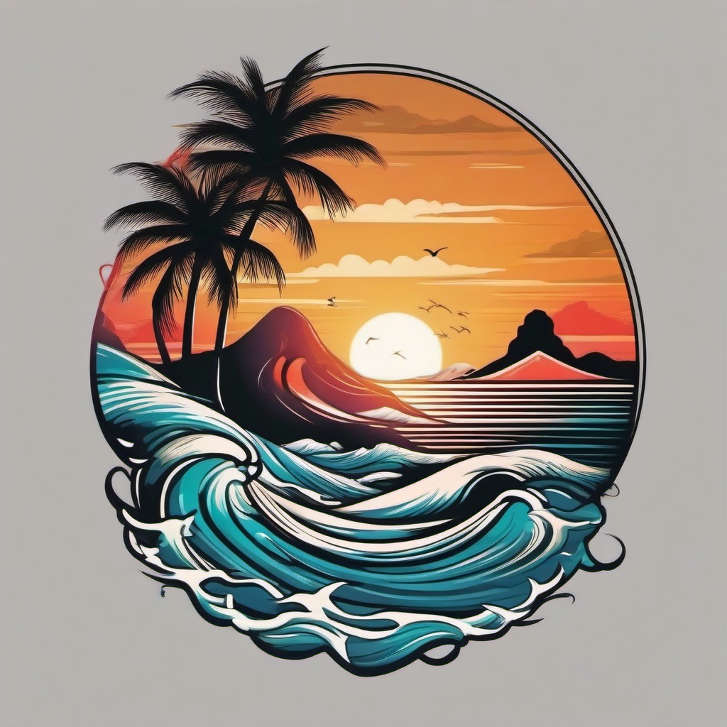 palm tree and wave tattoo  simple vector color tattoo