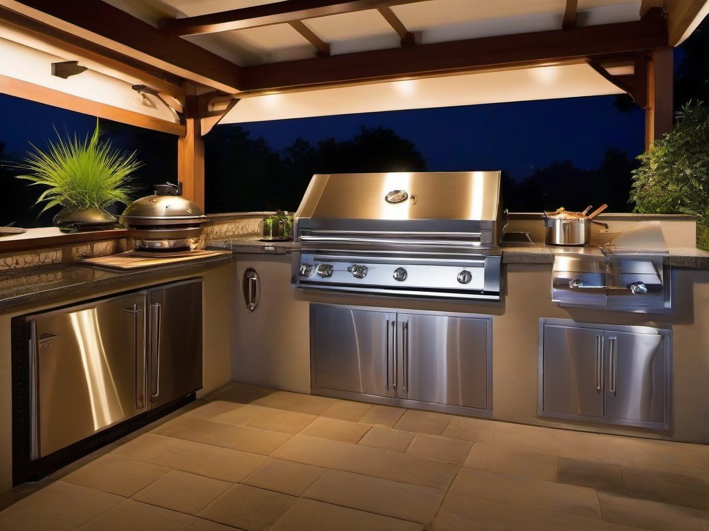 Asian Fusion outdoor kitchen blends practical design with decorative elements inspired by various Asian cultures for a tranquil outdoor cooking space.  