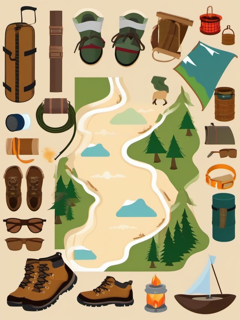 Camping clipart - hiking boots and trail map  vector clipart