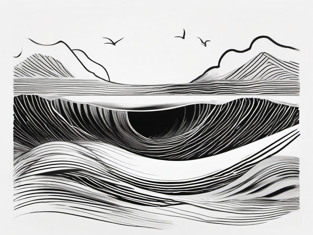 drawing of waves in a beach setting  minimal rough sketch scribbles,doodles,black and white