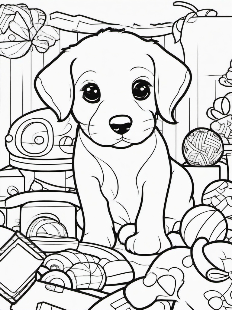 Puppy with Toys Coloring Pages - Playful Scene of Puppies and Toys  minimal black outline printable sheet, coloring page