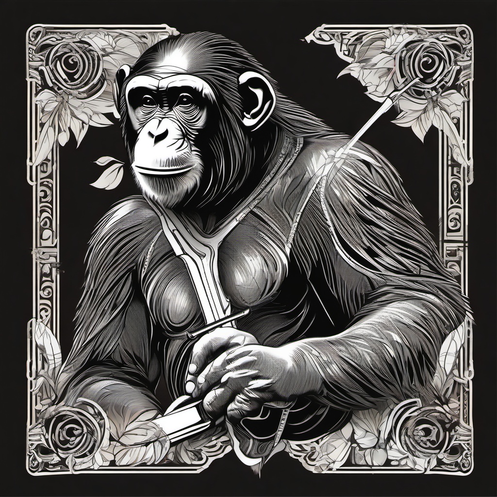 Chimpanzee Tattoo - Intelligent chimpanzee using tools  few color tattoo design, simple line art, design clean white background