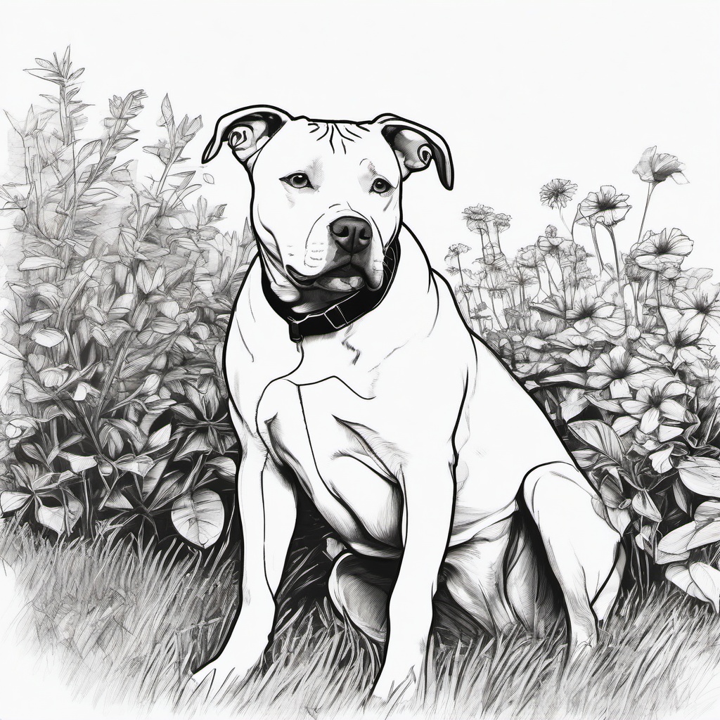 drawing of a pitbull sitting in a garden  minimal rough sketch scribbles,doodles,black and white