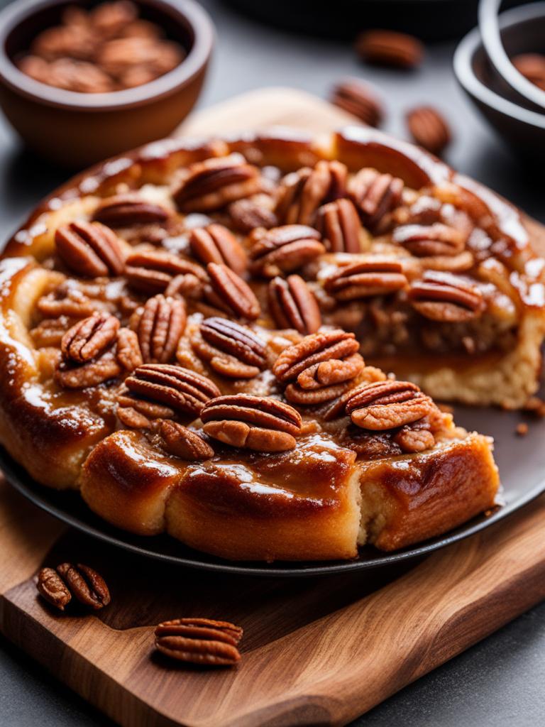 warm and gooey pecan sticky bun, topped with caramelized pecans and cinnamon. 